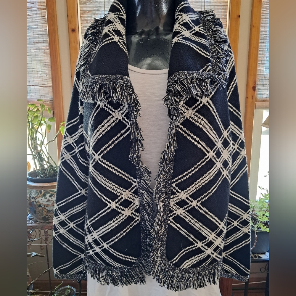 Fringed Black and White Sweater